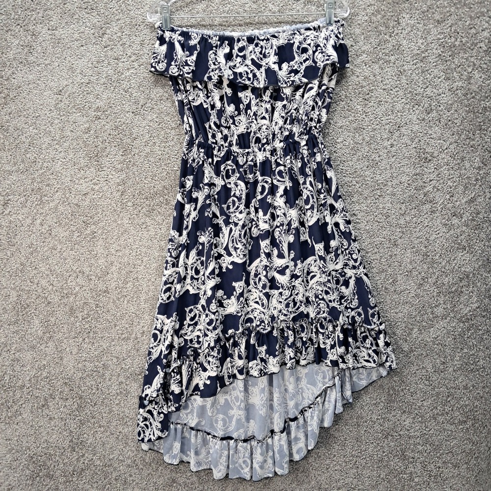 Ace Fashion Women Navy White Baroque Scroll Strapless High-Low Ruffle Dress XL